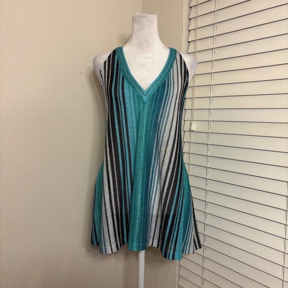 Next Teal Striped Knit V-Neck Sleeveless Keyhole Back Retro Top Sz UK 20/ US 16
